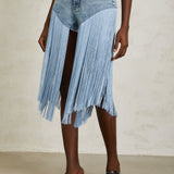 Martina Blue Fringed Panel Denim Shorts