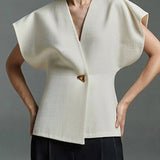 Elegant White V Neck Button Top Summer