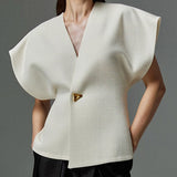 Elegant White V Neck Button Top Summer