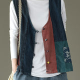 Fitted V Neck Button Patchwork denim Tanks Sleeveless