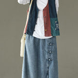 Fitted V Neck Button Patchwork denim Tanks Sleeveless