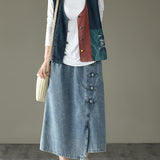 Fitted V Neck Button Patchwork denim Tanks Sleeveless