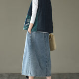 Fitted V Neck Button Patchwork denim Tanks Sleeveless