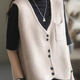 Simple Apricot V Neck Pockets Solid Knit Tank Tops Sleeveless