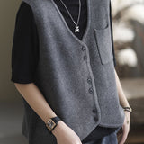Simple Apricot V Neck Pockets Solid Knit Tank Tops Sleeveless