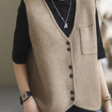 Simple Apricot V Neck Pockets Solid Knit Tank Tops Sleeveless