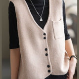 Simple Apricot V Neck Pockets Solid Knit Tank Tops Sleeveless